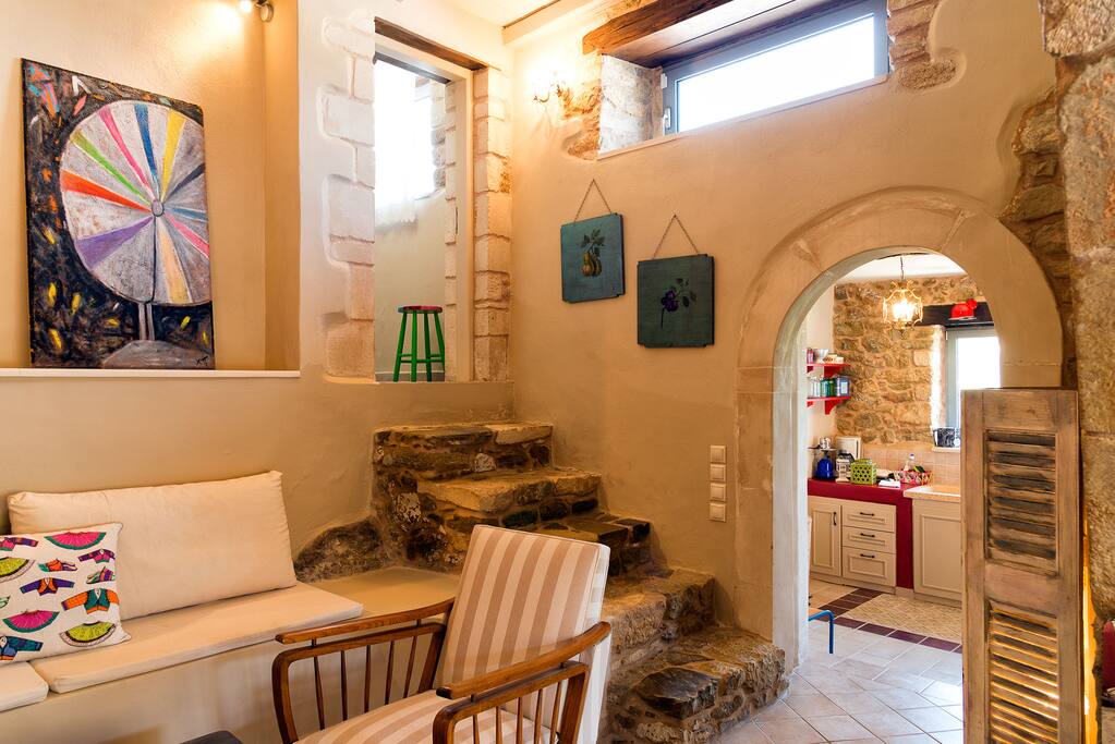 At Lasithi of Crete, one of two connected stone built houses lie on the top of a small village called "Agios Georgios" or "Tourtouloi", located 13.2 km from Sitia. JOY, one of the two houses consists of two bedrooms, two bathrooms, a kitchen, a living area with a fireplace and an outdoor space (patio) matched with great views of the surrounding mountains. Ideal for families that crave exploring and enjoy nature.