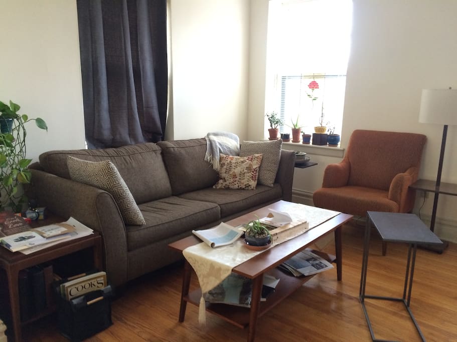 Living room has a pull out queen size bed with memory foam mattress topper.