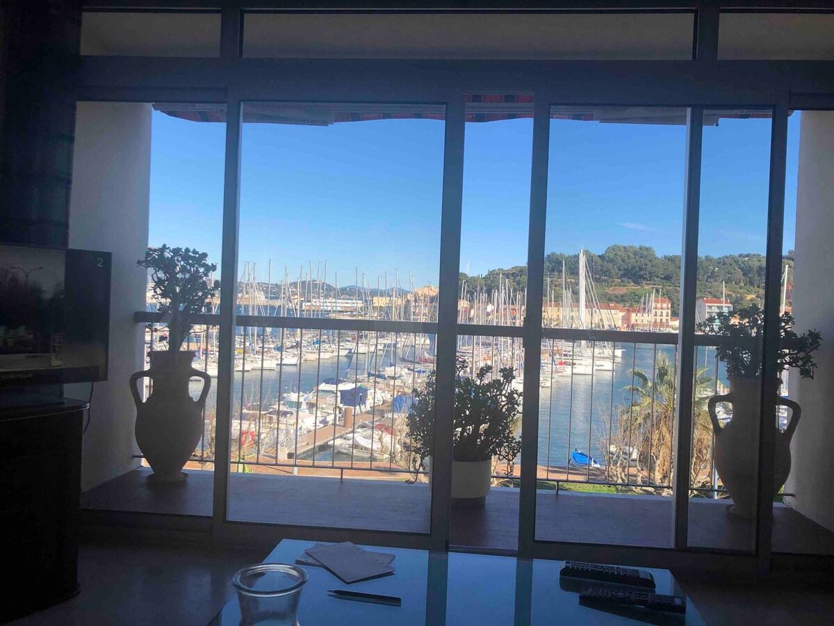 A large window showcases a view of the marina, filled with boats and vibrant greenery. Potted plants frame the window, adding to the inviting ambiance. Clear skies and calm waters are visible, with the shoreline lined by trees and buildings in the distance.