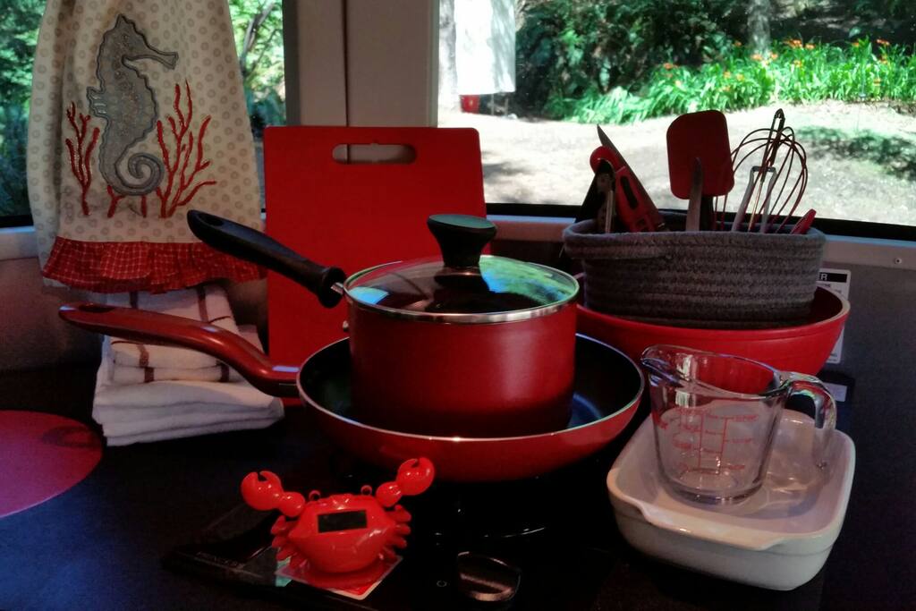 Cooking utensils are provided. Fresh crab can be purchased at local fish market.