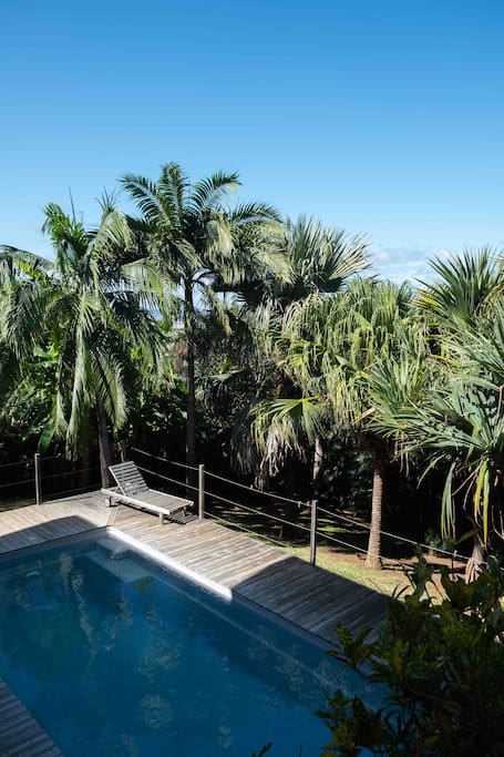 Vue du balcon : piscine et jardin