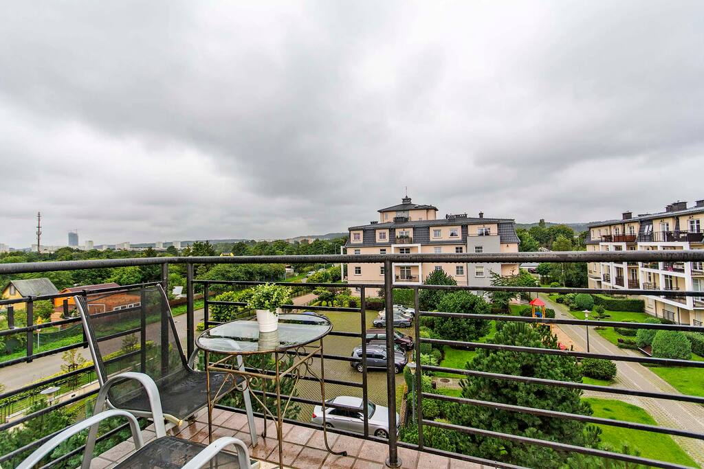 Beautiful view from balcony overlooking fields, woods and the more rural parts of Sopot.