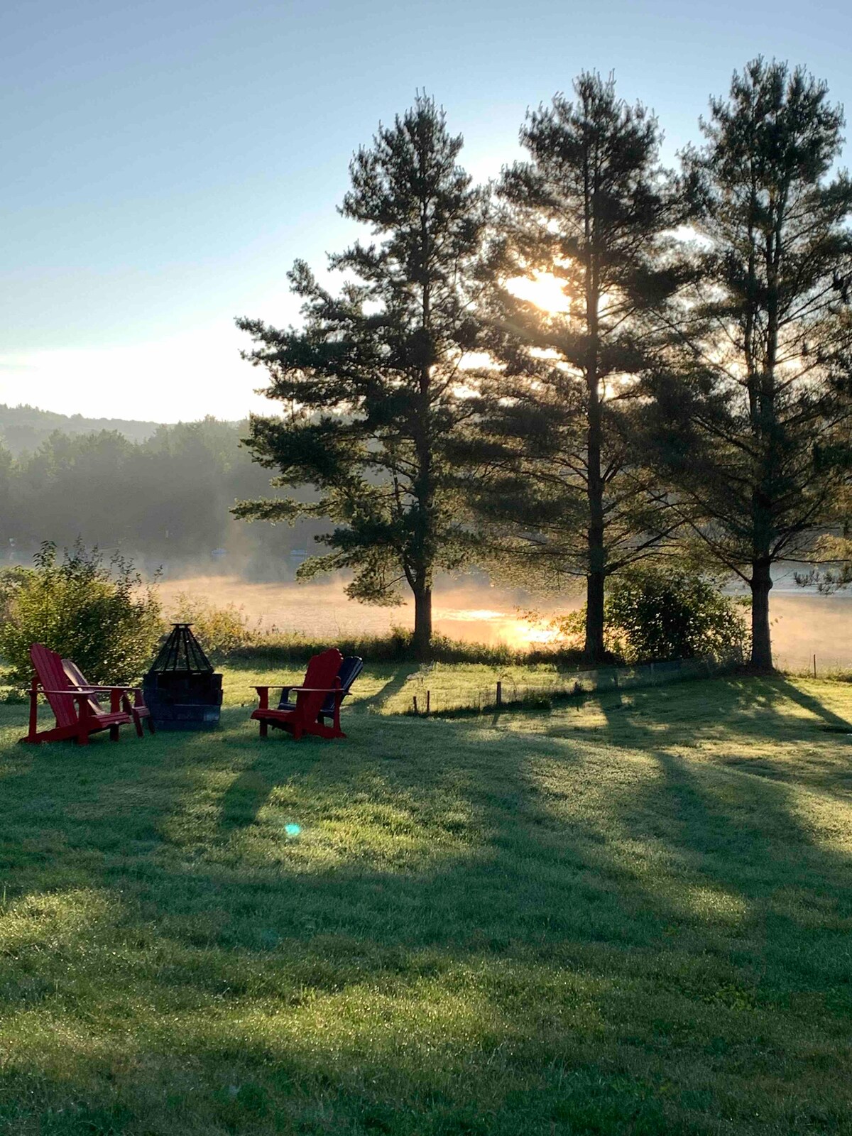 A serene outdoor setting is captured, featuring two red Adirondack chairs placed near a small fire pit. Tall evergreen trees frame the scene, with soft morning light filtering through the branches, illuminating the mist that blankets the ground and the nearby landscape.