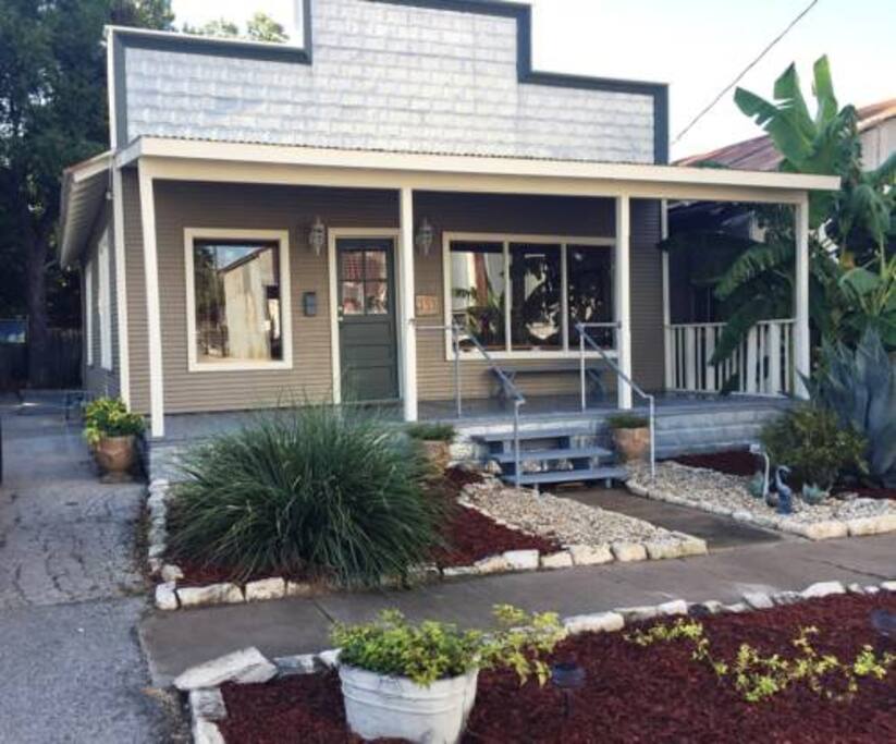 Front Porch faces a historic flour mill and the river is to the left