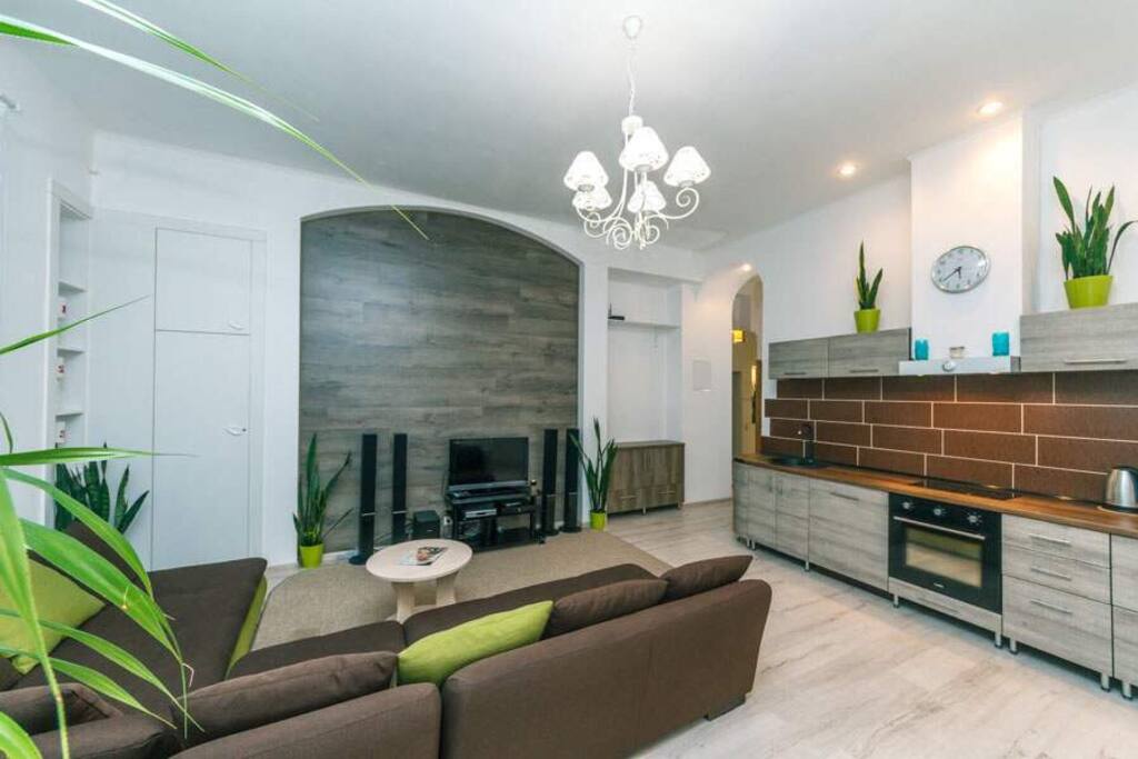 Spacious living room with kitchenette - 60 sq.m, comfortable corner sofa, round coffee table in front of it, large flat screen TV, stereo system, built-in kitchen with all dishes, dining table, 4 chairs, refrigerator, microwave, electric kettle.