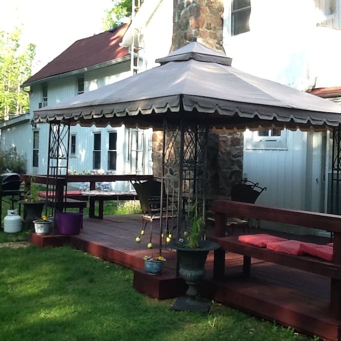 Very private back yard with deck, bbq, firepit and gazebo
