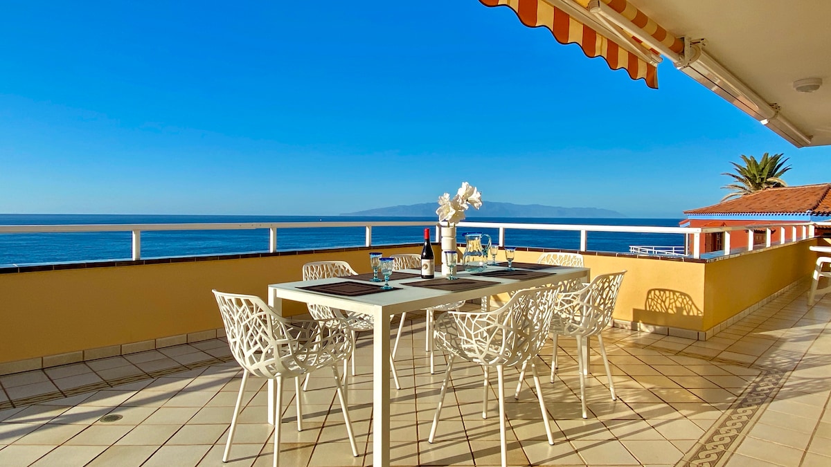 A spacious outdoor dining area is presented, featuring a large table surrounded by several white chairs. A panoramic view of the ocean and distant island is visible against a clear blue sky, while the terrace is well-lit by natural sunlight.