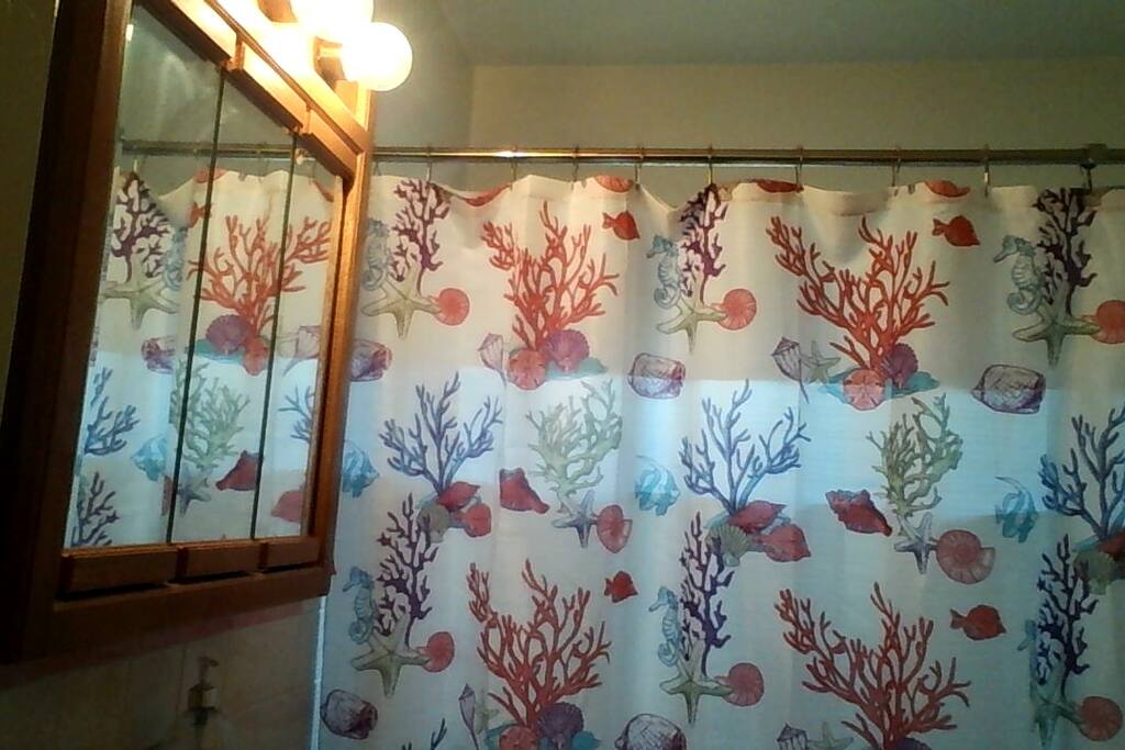 pretty bathroom with shampoos and soaps and paper