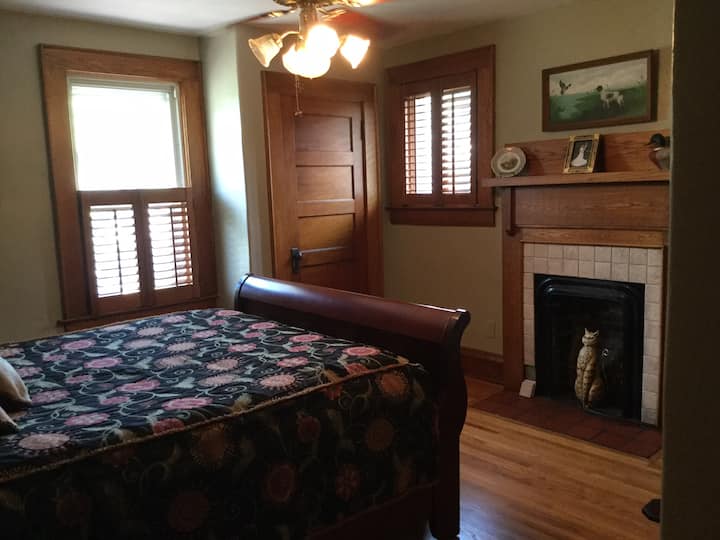 Upstairs queen bedroom with fireplace 