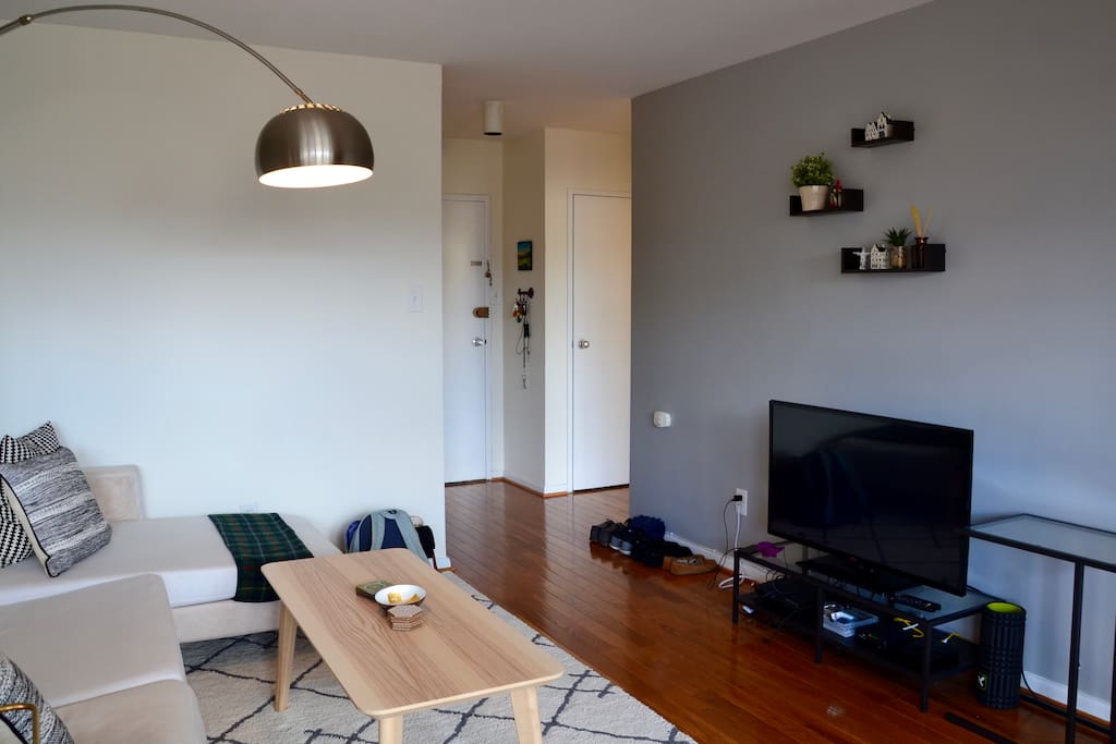 Living room and apartment entrance. Large TV with streaming device