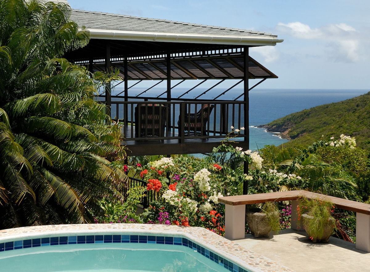A tranquil pool is situated in the foreground, surrounded by lush greenery and vibrant flowers. In the background, a wooden structure with a shaded balcony offers views of the ocean and distant hills, featuring a table and chairs for outdoor dining.