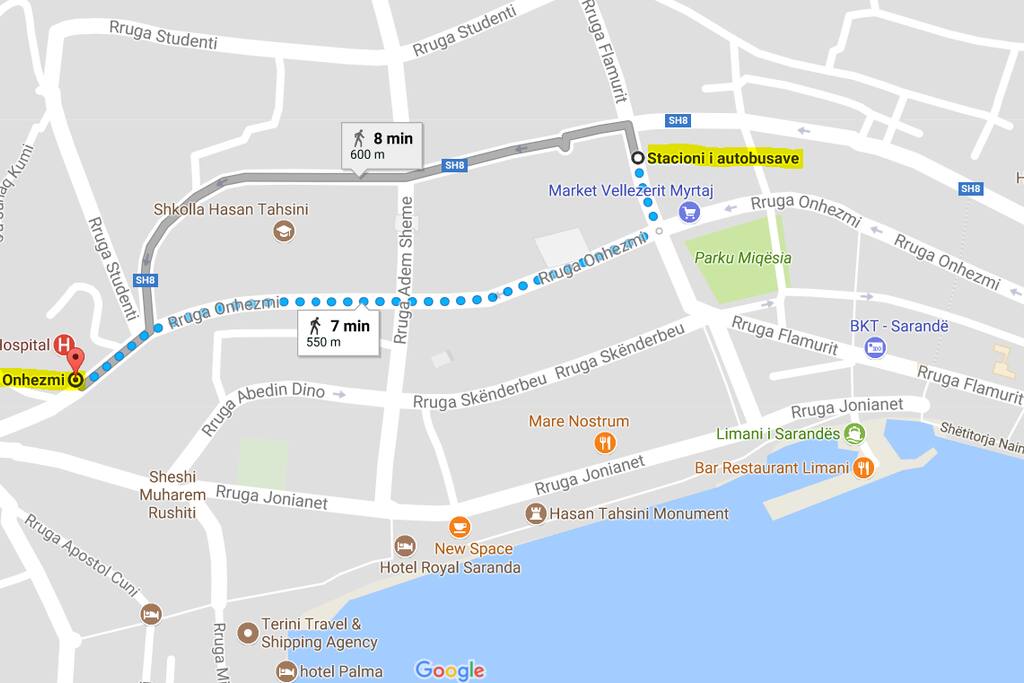 Directions from the bus station (Stacioni i autobusave) to the apartment ( Rruga Onhezmi).
