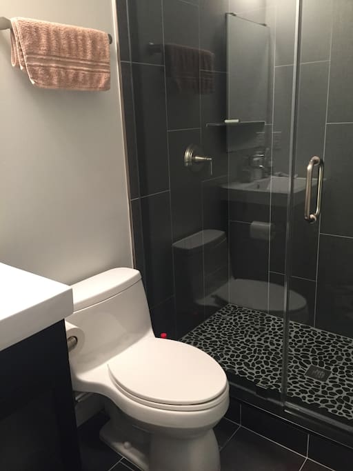 The private bathroom and shower attached to your room. This shower has dual shower heads with great water pressure.