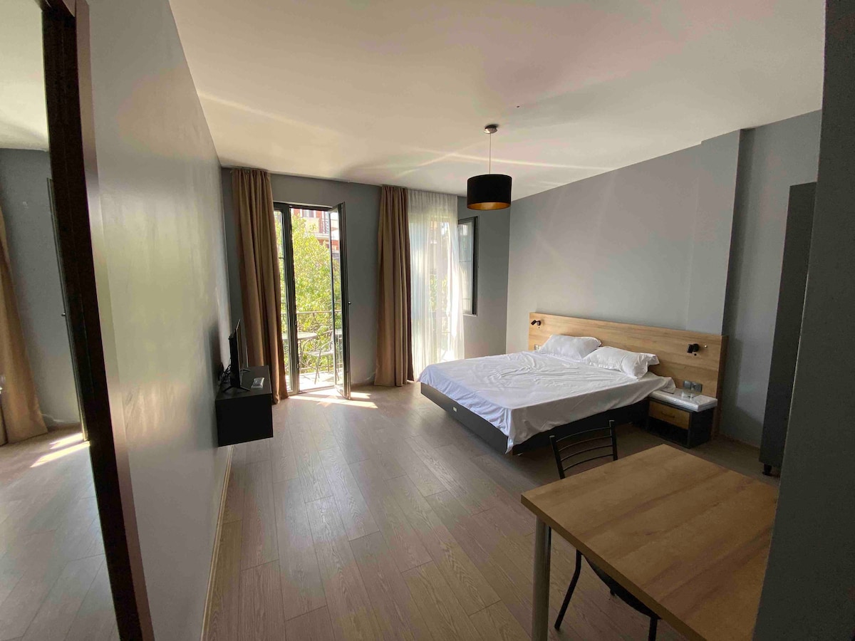 A spacious room is presented with light-colored wood flooring. A large bed is positioned against a wall, accompanied by a bedside table. A dining table with chairs occupies one corner, while floor-to-ceiling windows, dressed with long curtains, open to a small outdoor space.