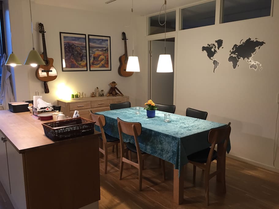 Dining room next to open kitchen