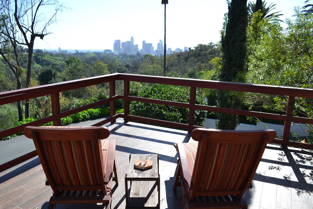 Daytime view of Elysian Park and downtown LA from front terrace