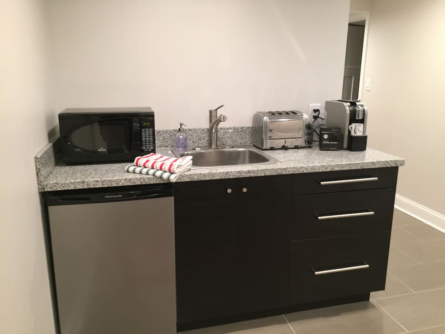 Microwave, mini-fridge, toaster and coffee maker