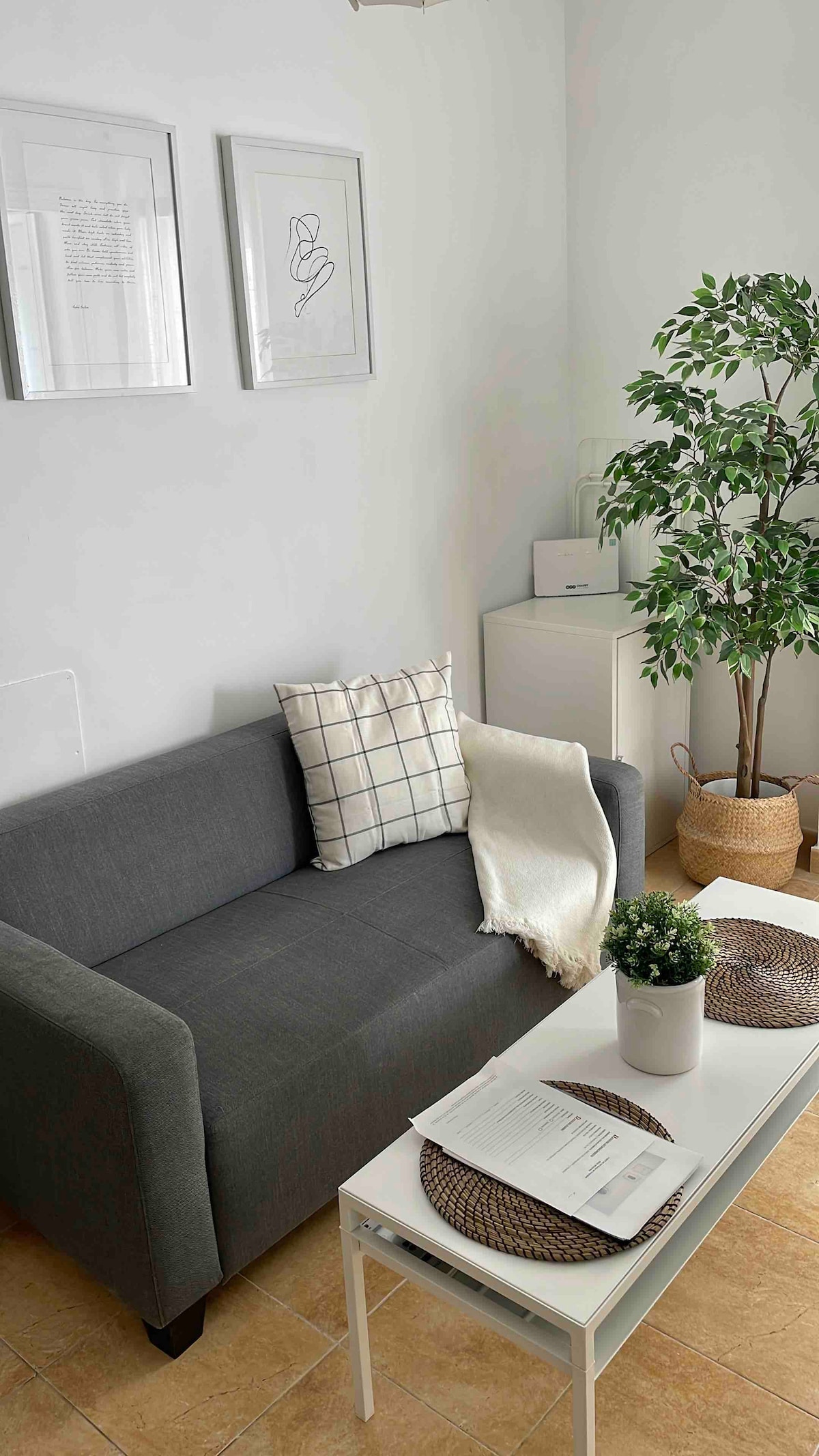 A small living area features a grey sofa adorned with a checked cushion and a soft throw. A white coffee table sits in front, accompanied by round placemats and a potted plant. Light streams in, brightening the minimalist decor.