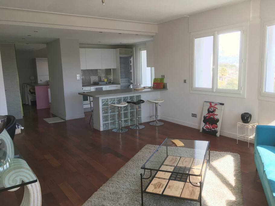 Bright, spacious living room with full-equipped kitchen