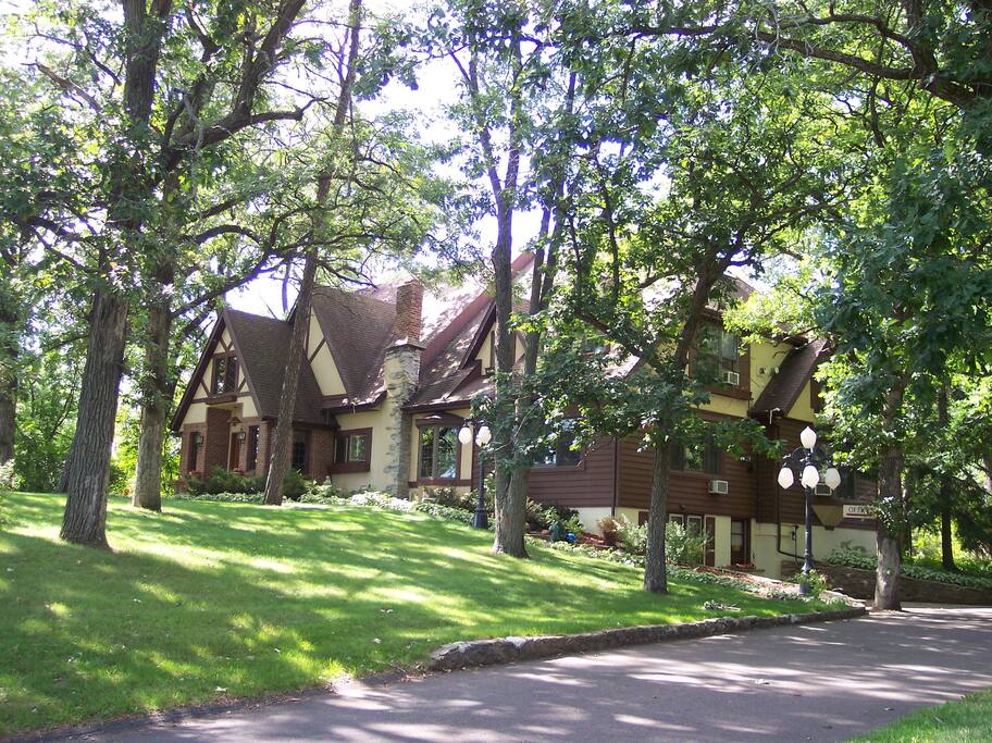 The home is an English Tudor with country-Victorian decor.