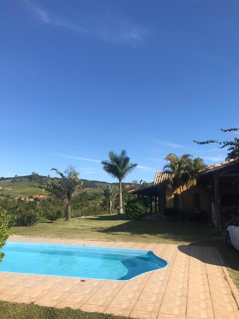 An outdoor area is depicted, featuring a clear blue swimming pool surrounded by well-maintained grass and palm trees. The structure of the house is visible in the background, with a terracotta roof under a bright blue sky, illustrating a serene environment.