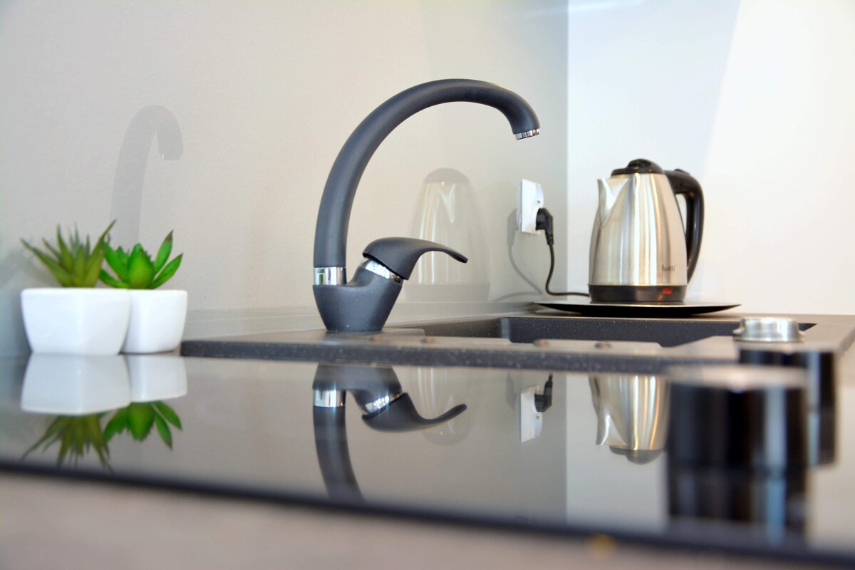 A modern kitchen corner is presented, featuring a sleek faucet and a shiny kettle on a dark countertop. A small potted plant adds a touch of greenery. The reflection of the items is visible on the surface, enhancing the contemporary feel of the space.