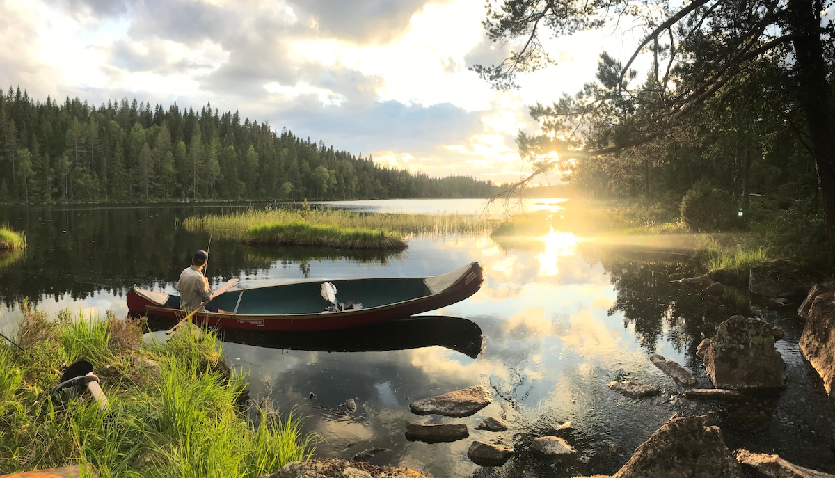 A canoe floats gently on a calm lake, surrounded by lush greenery and a serene forest. The sun sets in the background, casting warm light on the water's surface, creating a peaceful atmosphere. Stones and grass line the water's edge.