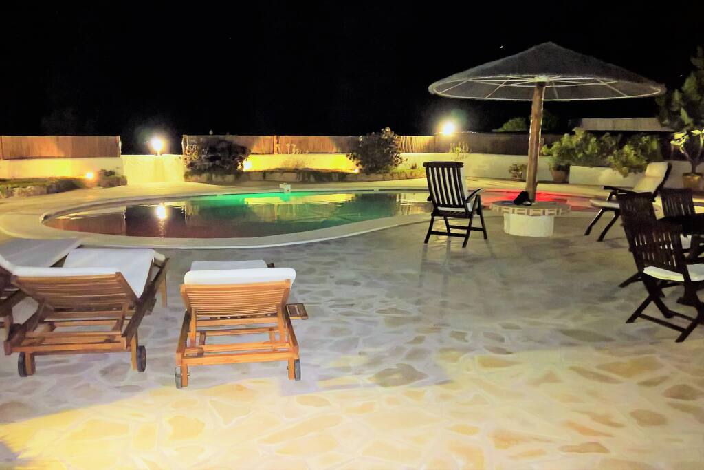 TERRACE AT NIGHT:
multicolored lights in the pool and on the plant