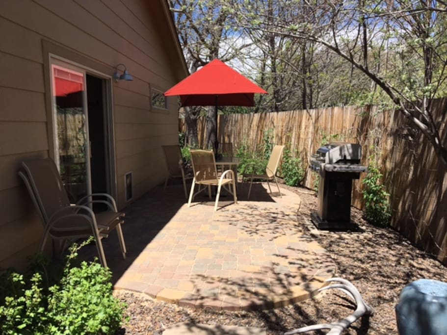 Patio off kitchen, Gas grill and small fountain