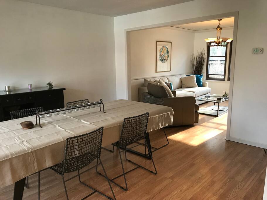 Dining and living rooms boasts bright, open space.