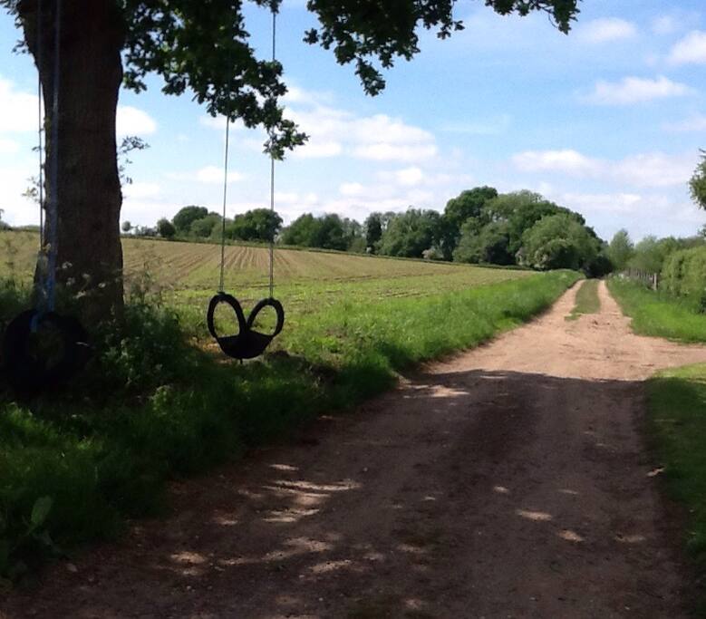 The sandy track facing west with a comfy swing