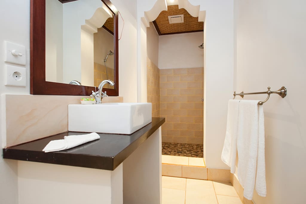 Garden Room Suite #3 bathroom, Deluxe fittings throughout with pressurised hot water and very siufficient lighting