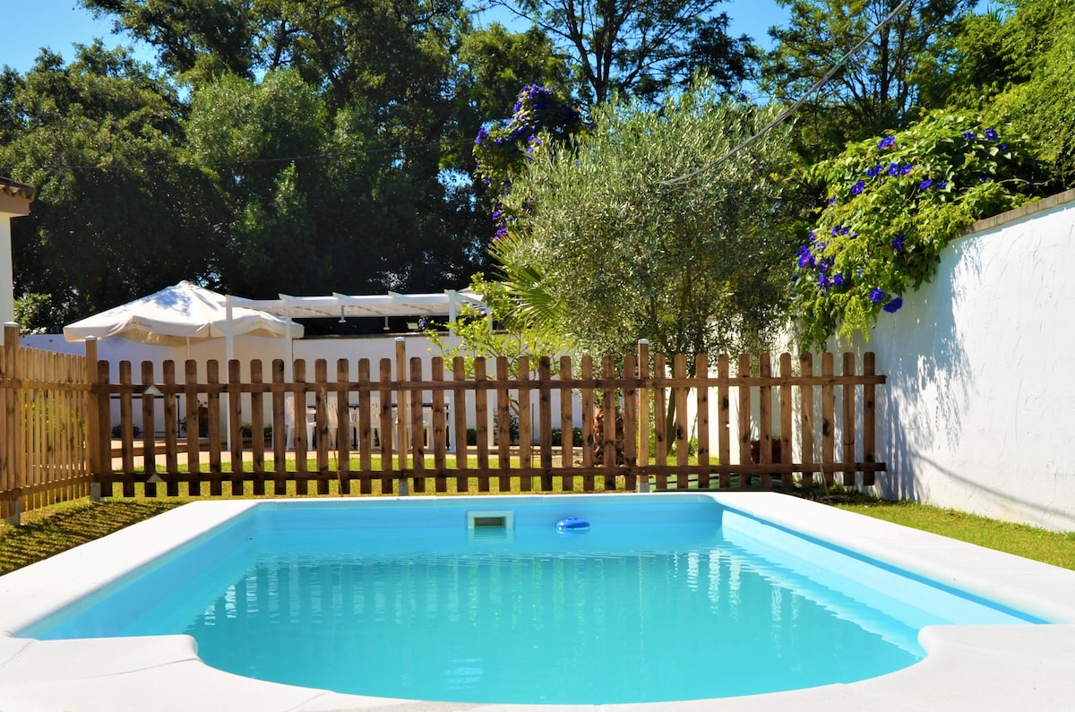 A refreshing swimming pool occupies the foreground, surrounded by a well-maintained lawn. A wooden fence provides separation from the garden area, where outdoor seating and a shaded pergola are visible. Lush greenery and vibrant flowers enhance the serene outdoor environment.