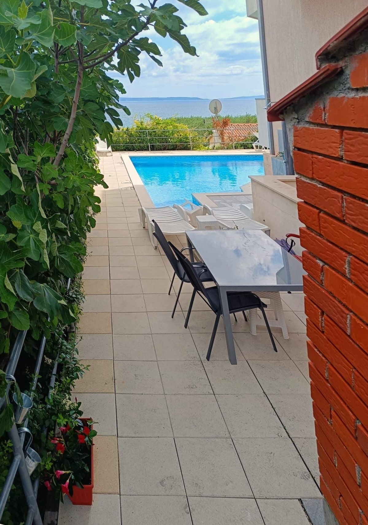 A pathway lined with greenery leads to a shared swimming pool, accompanied by lounge chairs arranged on a tiled deck. The view extends toward the sea, and the area is framed by a combination of brick and foliage.