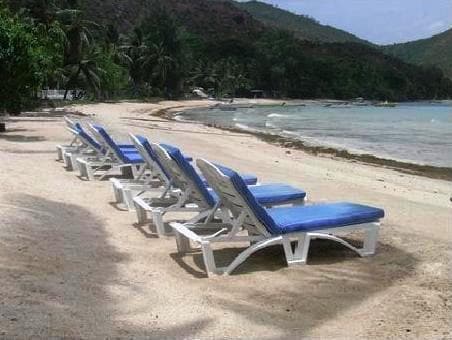 A row of six lounge chairs with blue cushions is positioned on a sandy beach, facing the calm waters. Lush palm trees are visible in the background, and gentle waves lap at the shore, contributing to a serene coastal setting.