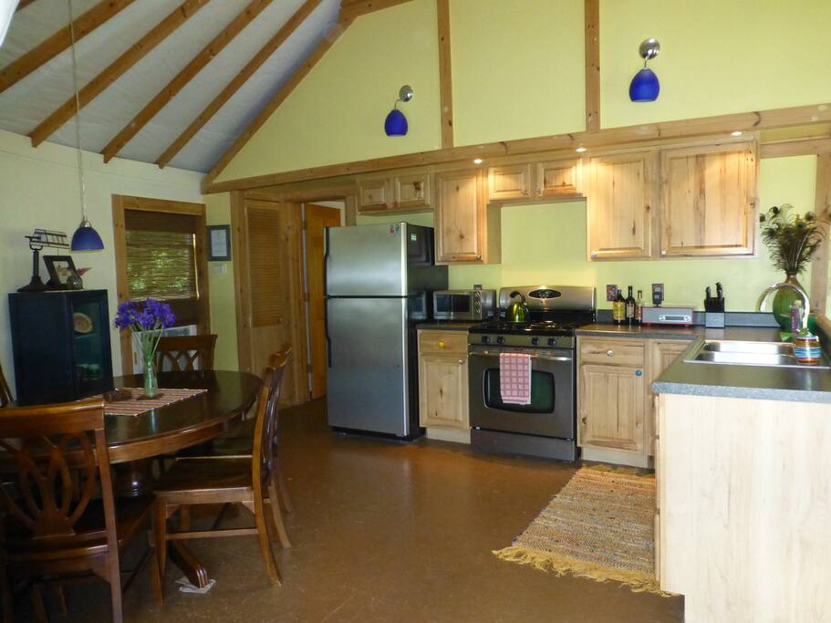 Full Kitchen with pots, pans, plates, utensils, etc. Chocolate and award winning Gimme! coffee too.