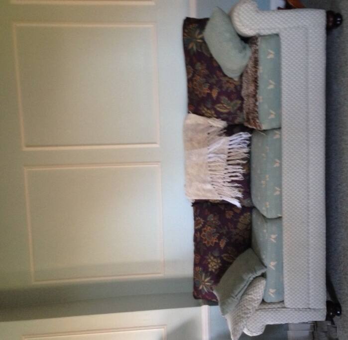 The couch, which rolls out to a queen mattress. Rarely used, in almost new condition. Faces mountains.