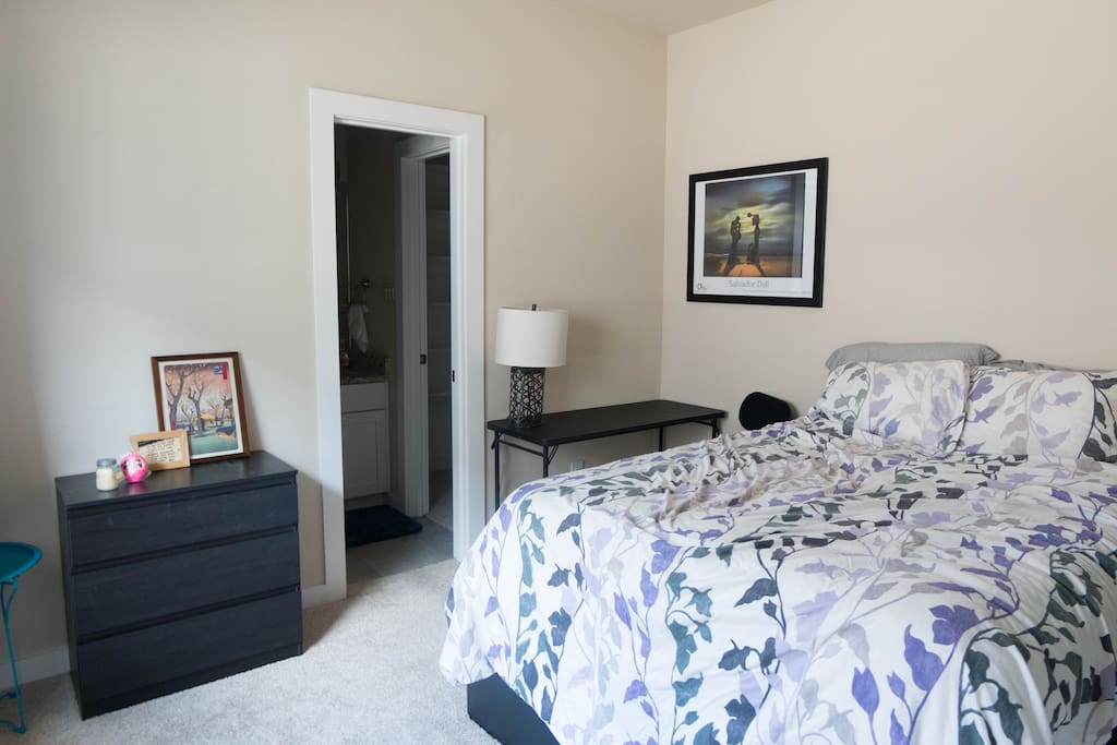 The bedroom is furnished with dresser, nightstand, desk, office chair, and additional storage is available in the drawers beneath the bed. The closet has additional shelf space, in addition to two racks for hangers (which are included in the closet).
