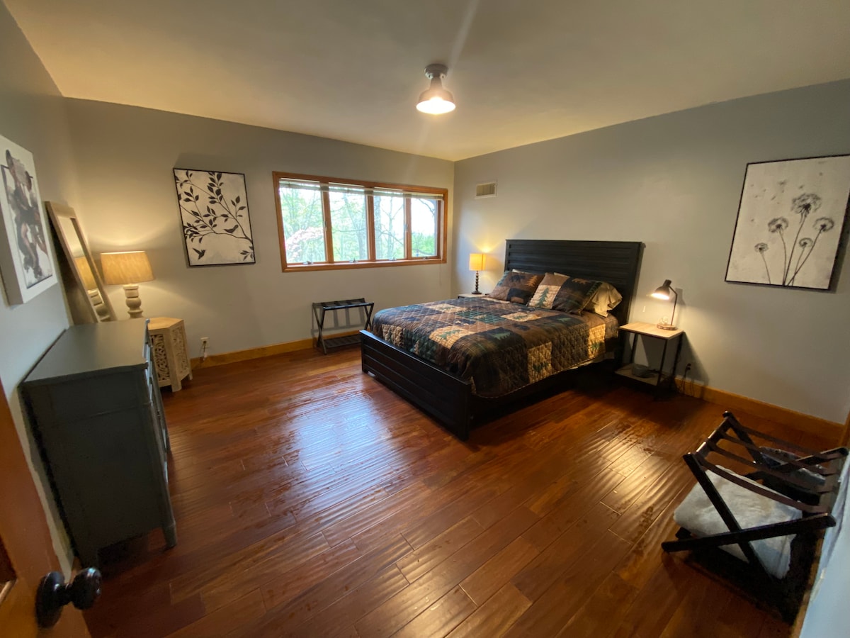 Main level queen bedroom with a twin in the closet nook to the right 