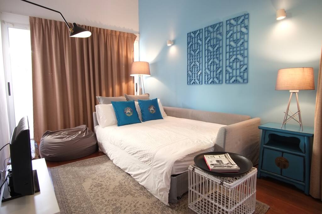 At a whim the Water Room is now your bedroom. Our quality water bed is queen-sized and can fit a single or 2 smaller-sized guests.