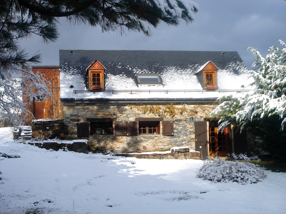The exterior of the stone chalet is showcased, surrounded by a blanket of fresh snow. Wooden shutters frame the windows, and a sloped roof reflects the calm winter ambiance. A snow-covered garden enhances the serene atmosphere, inviting peaceful winter retreats.