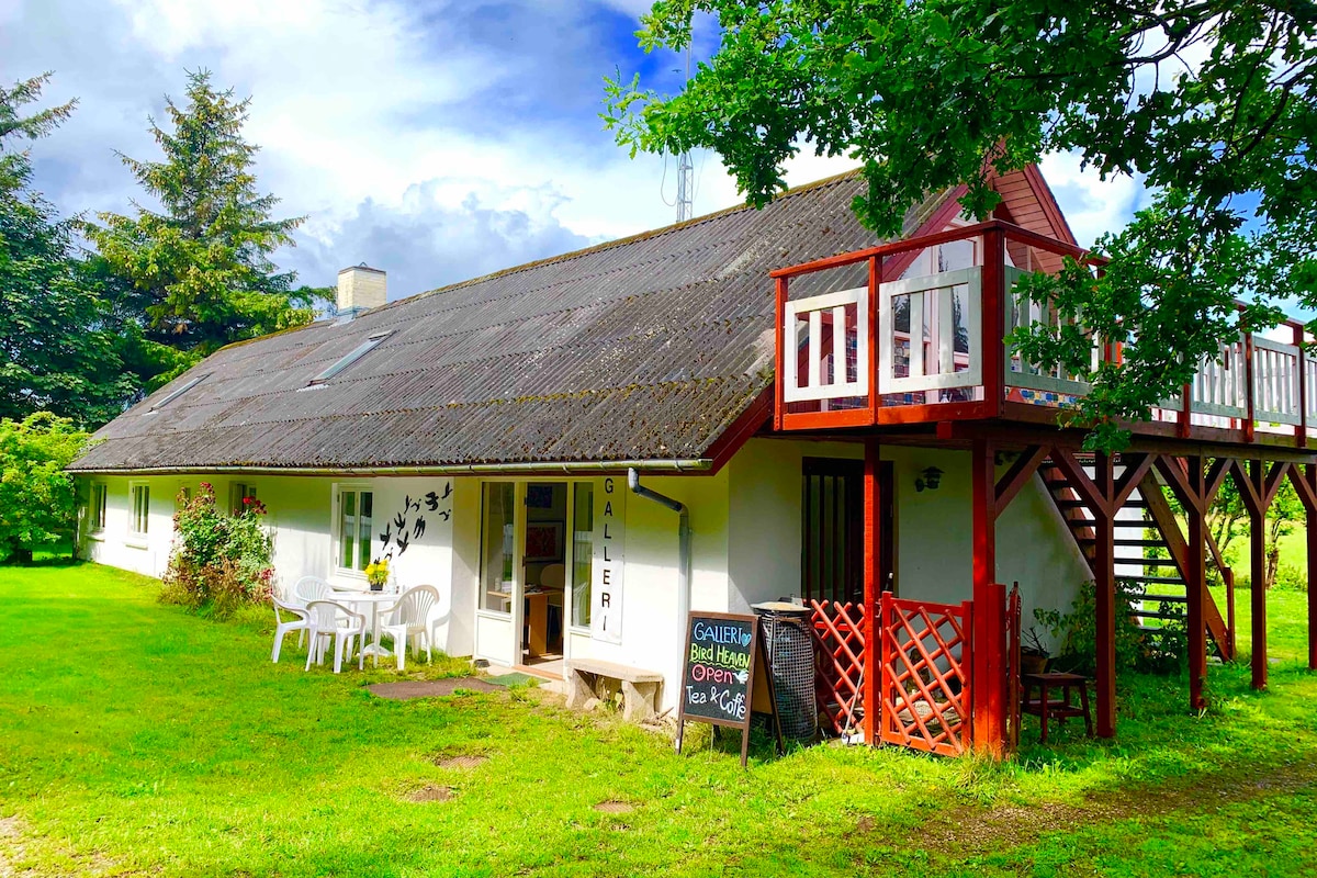 The exterior of the apartment features a two-story structure surrounded by vibrant greenery. A wooden balcony and stairs lead to the upper level. White outdoor chairs and a small table provide a spot for relaxation, while charming signage indicates an inviting atmosphere.