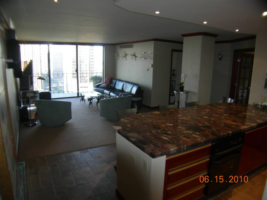 Living room with 60" high def tv