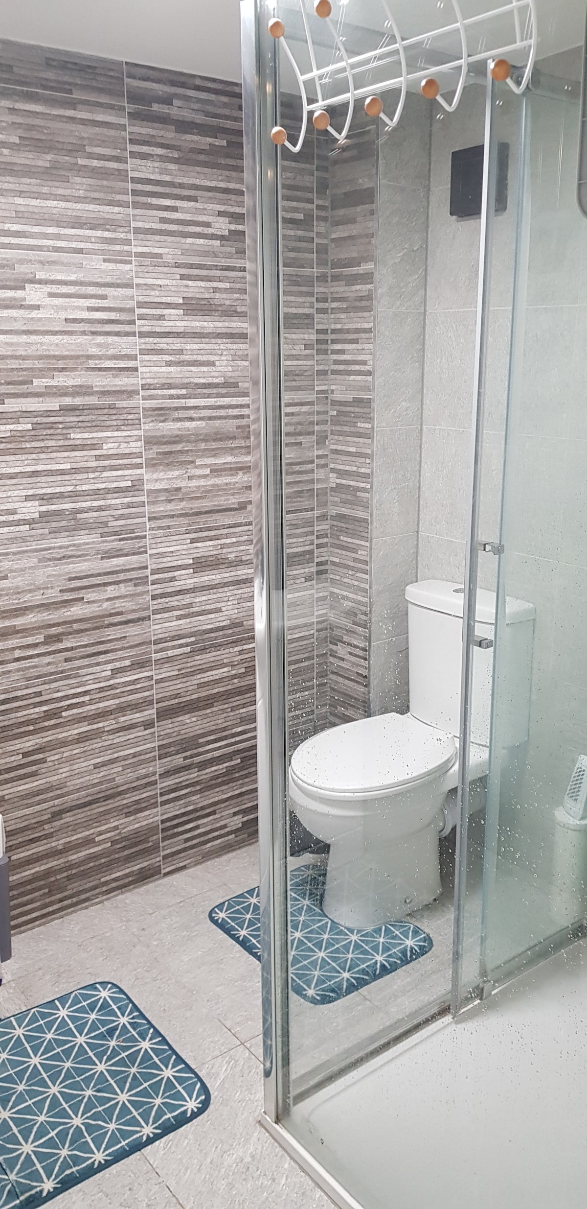 A modern bathroom is presented with a glass-enclosed shower and a minimalist white toilet. Decorative gray tiles adorn the walls, and two blue geometric-patterned mats are placed on the floor, enhancing the space's contemporary design.