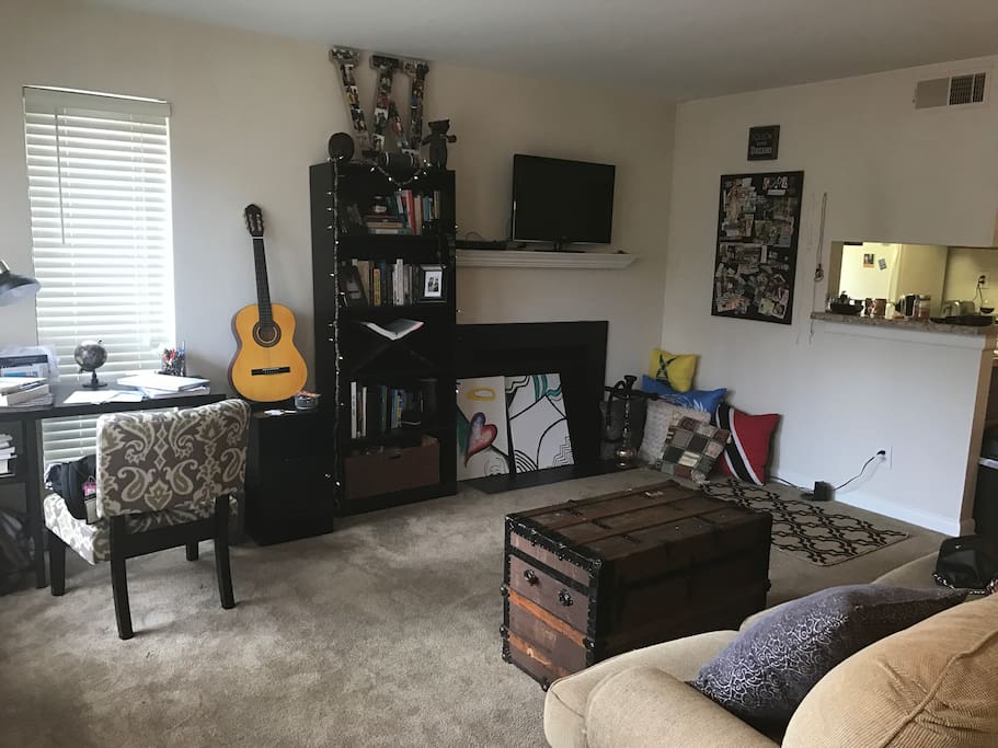 Rustic feel living room with TV, guitar, and many books