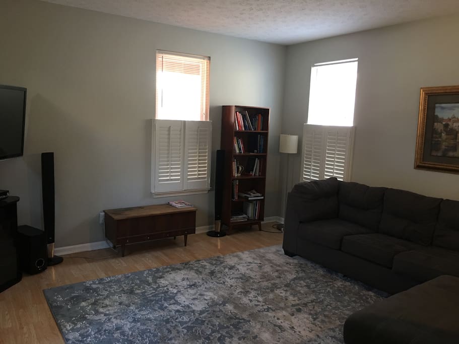 Large, open Living Room. 60" wall mounted TV, decent book collection. Comfy couch can seat 8 and sleep 2 (without folding out) comfortably.