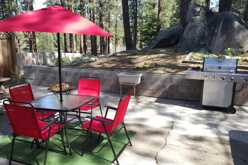Big back yard with picnic table and bbq.