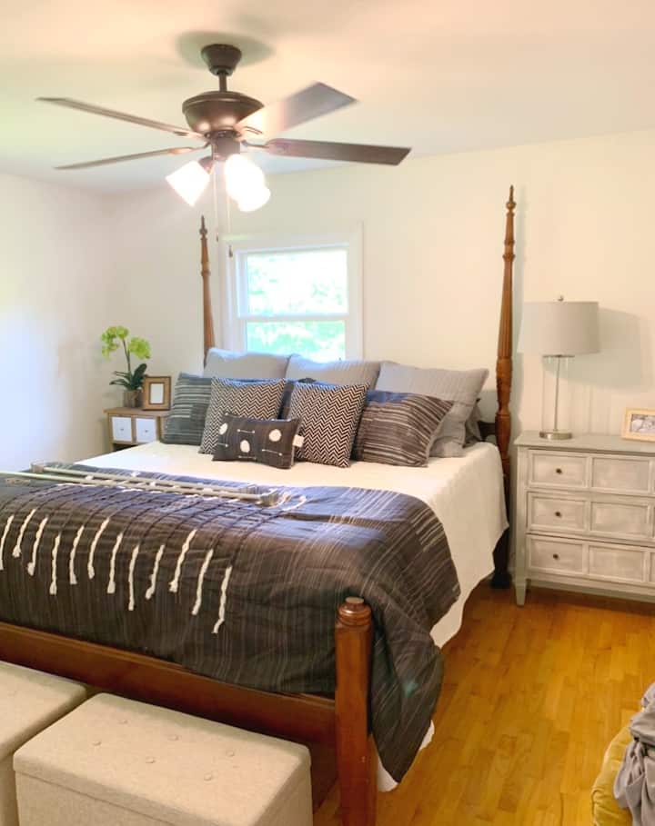 Master bedroom, king bed with PURPLE brand mattress. It’s so comfy! 