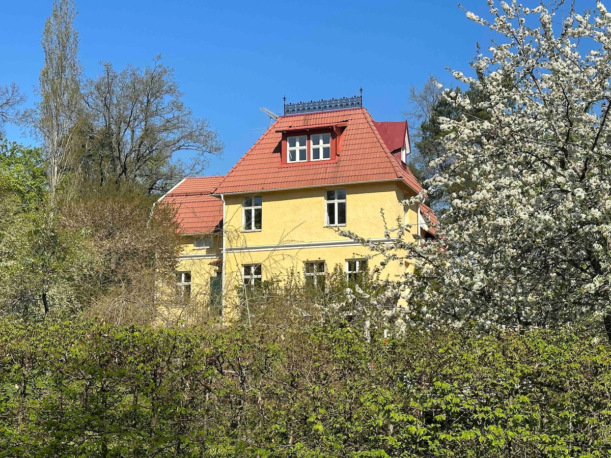 A charming villa from the early 20th century is partially obscured by lush greenery. Its yellow exterior features multiple windows and a red tiled roof accentuated by decorative elements. Bright white blossoms frame the property, contributing to a picturesque outdoor setting.