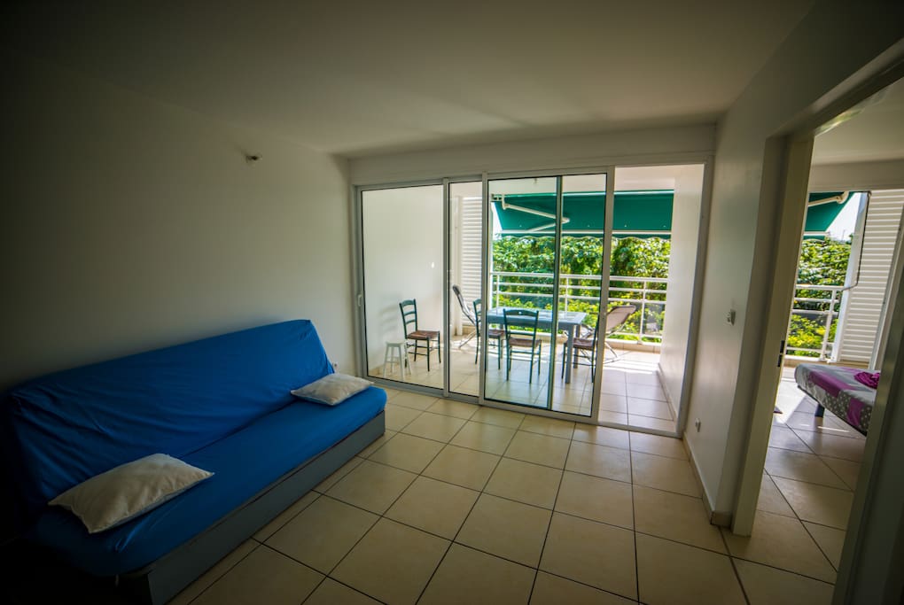 Vue de l'appartement depuis la cuisine : Clic-clac dans le salon, grande terrasse et chambre sur la droite.